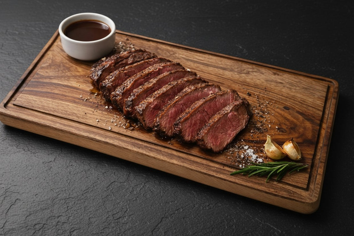 Valley of Craftsmen handmade timber steak board with juice groove, featuring sliced steak, garlic, and rosemary