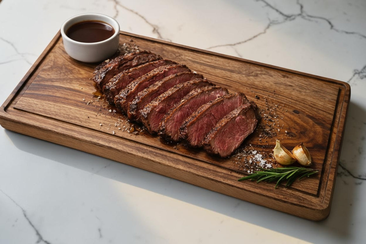 Valley of Craftsmen wooden steak board with juice groove, featuring sliced steak, sauce, garlic, and rosemary.